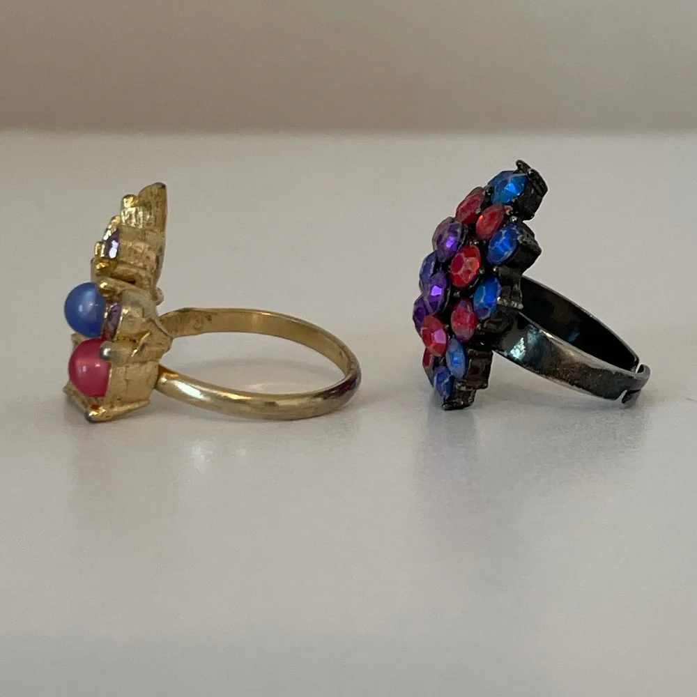 Vintage 70’s Rings Antique Gemstone Jewelry Adjustable 2 Piece Ring Set Blue Red